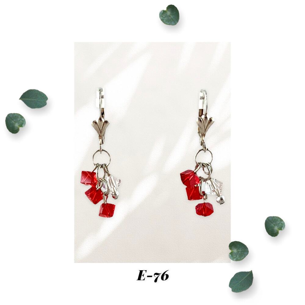 Siam Red Dice Crystal Cluster Staircase with Silver Plated Leaverback Earwires